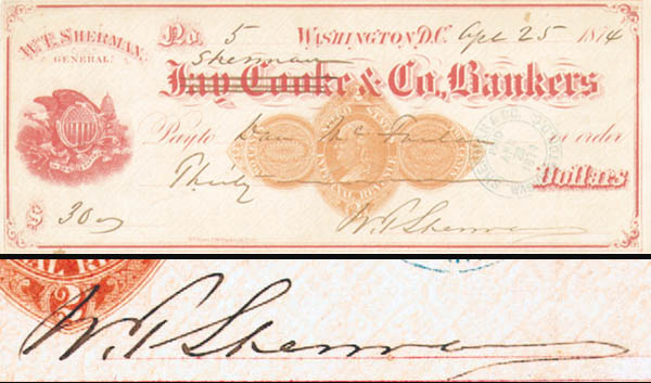 General Wm. T. Sherman Autograph Check